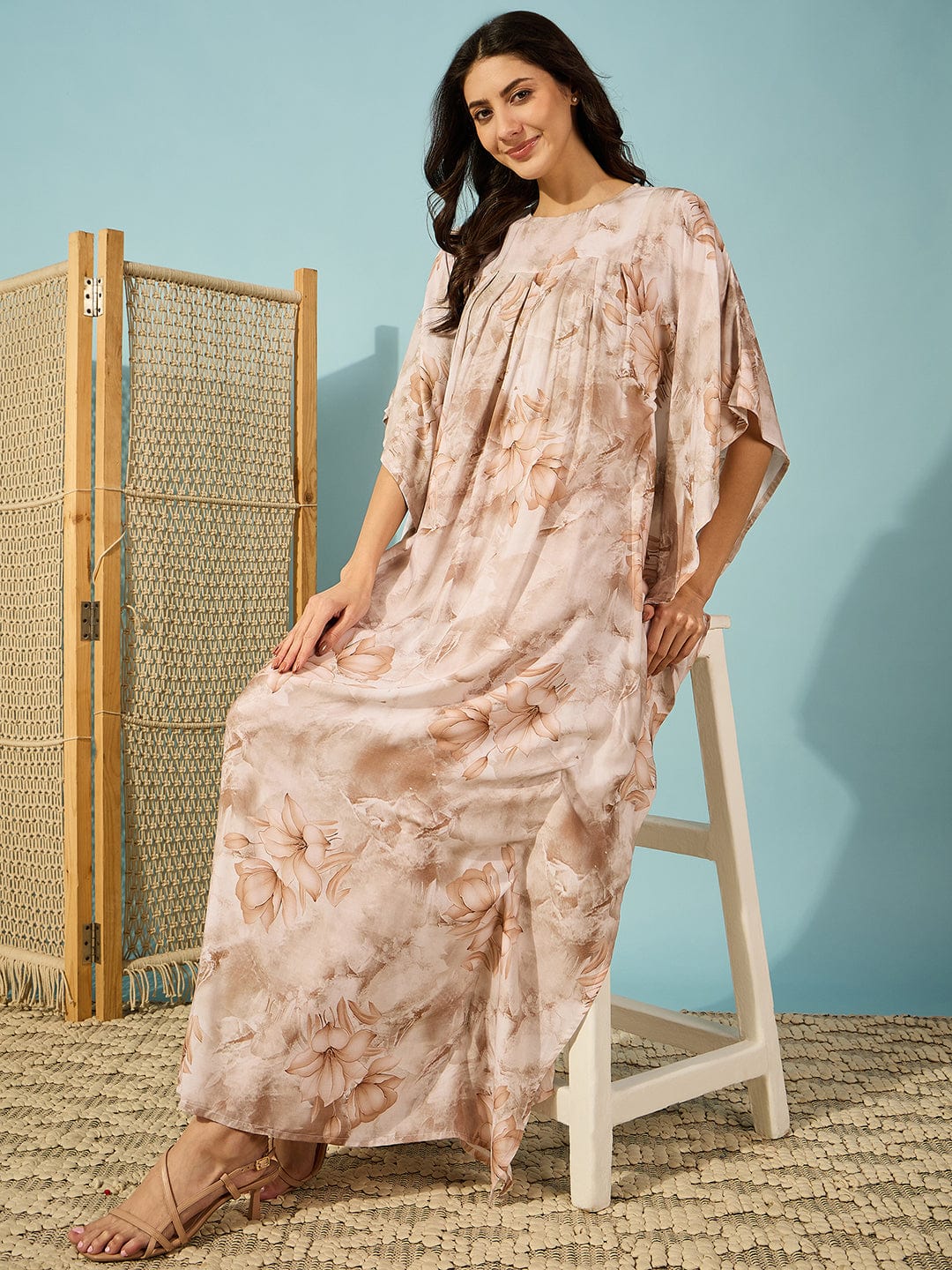 The Kaftan Company Kaftan Marble Floral Print Super Soft Pleated Kaftan