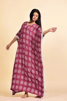 The Kaftan Company Kaftan Maroon Batik Circle Print Viscose Rayon Kaftan with White Lace Trim