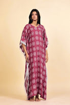 The Kaftan Company Kaftan Maroon Batik Circle Print Viscose Rayon Kaftan with White Lace Trim