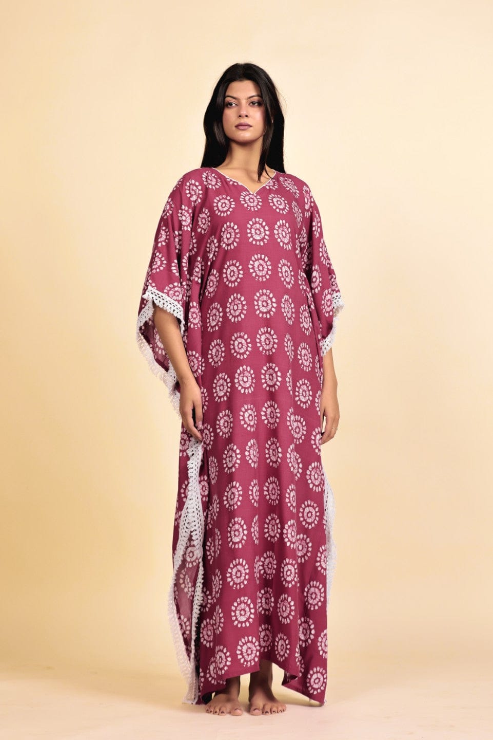 The Kaftan Company Kaftan Maroon Batik Circle Print Viscose Rayon Kaftan with White Lace Trim