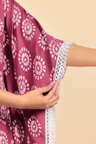 The Kaftan Company Kaftan Maroon Batik Circle Print Viscose Rayon Kaftan with White Lace Trim