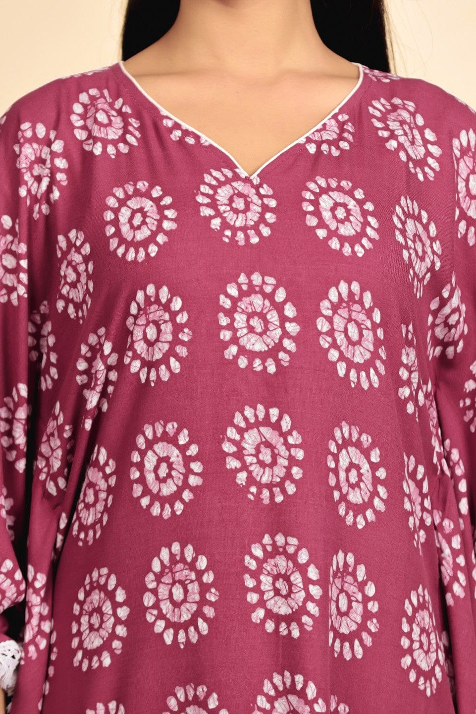 The Kaftan Company Kaftan Maroon Batik Circle Print Viscose Rayon Kaftan with White Lace Trim