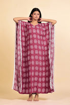 The Kaftan Company Kaftan Maroon Batik Circle Print Viscose Rayon Kaftan with White Lace Trim