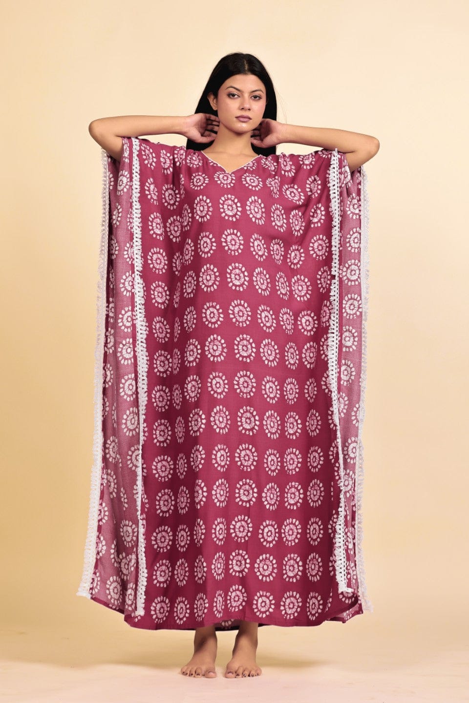 The Kaftan Company Kaftan Maroon Batik Circle Print Viscose Rayon Kaftan with White Lace Trim