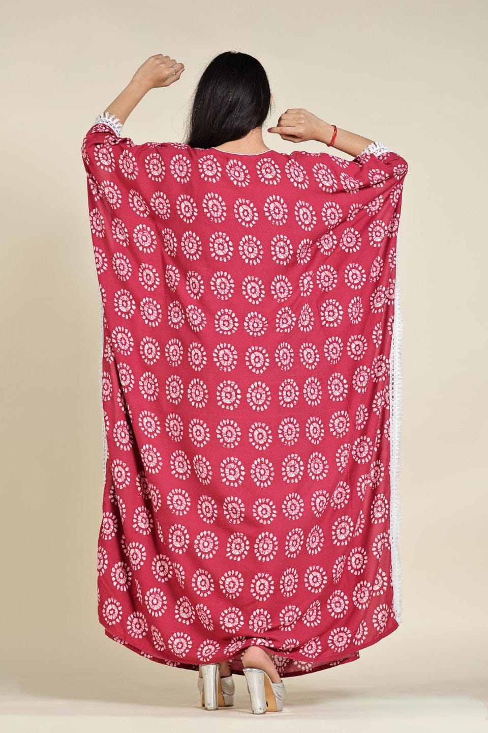 The Kaftan Company Kaftan Maroon Batik Circle Print Viscose Rayon Kaftan with White Lace Trim