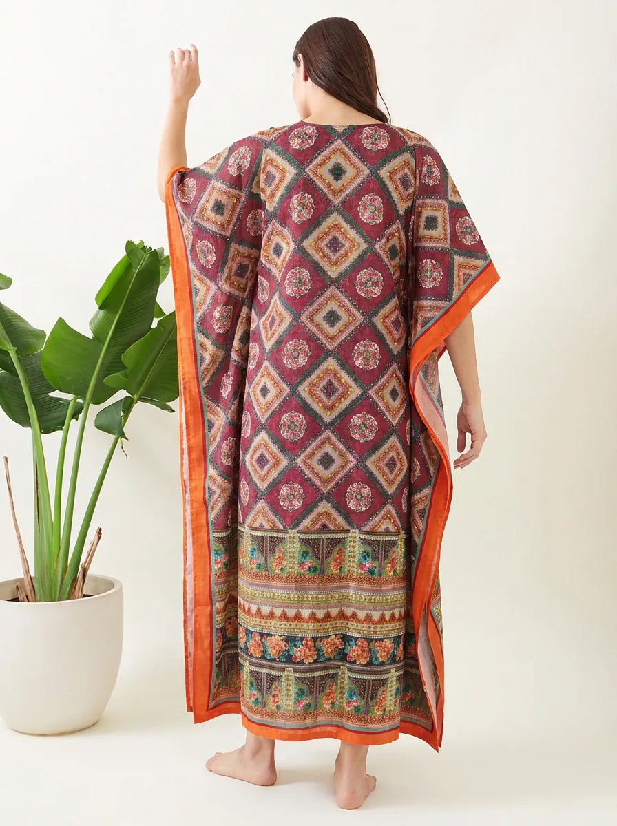 The Kaftan Company Kaftan Maroon Mosaic Print Kaftan with Pockets