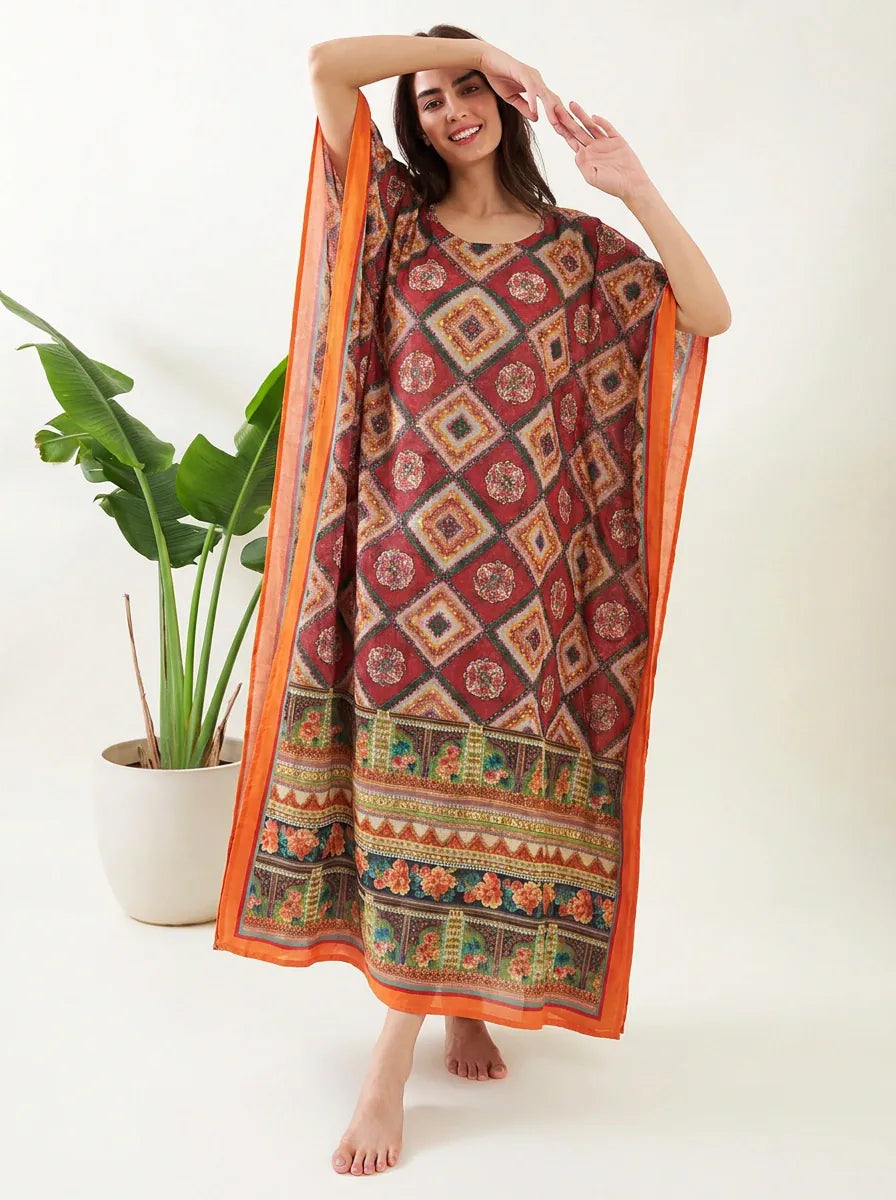 The Kaftan Company Kaftan Maroon Mosaic Print Kaftan with Pockets