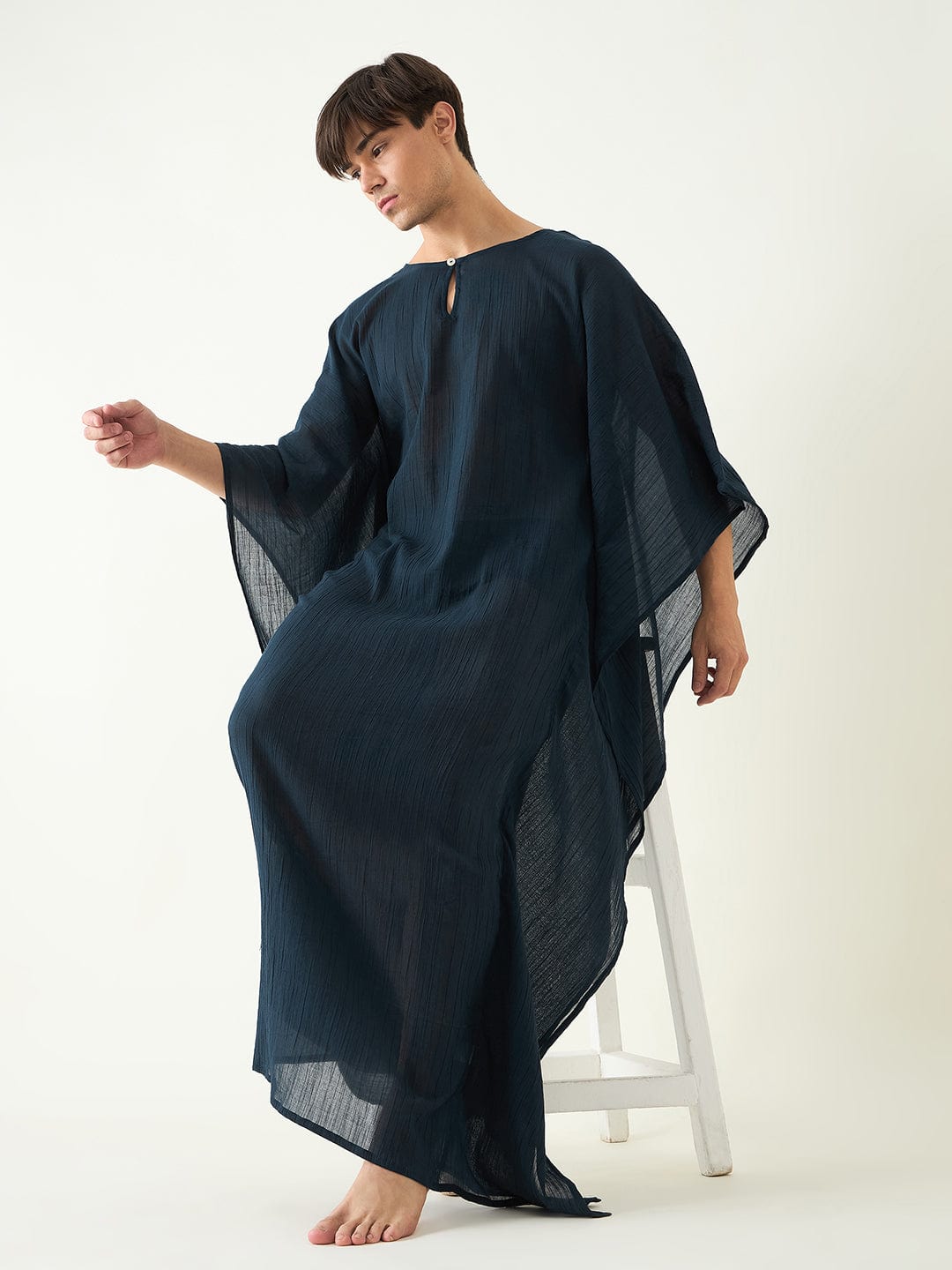 The Kaftan Company Kaftan Mens Blue Textured Loungewear Kaftan Gown