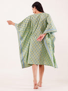 The Kaftan Company Kaftan Mint Green Ethnic Buta Printed Cotton Loungewear Kaftan with Border Detail