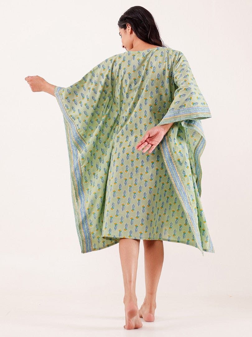 The Kaftan Company Kaftan Mint Green Ethnic Buta Printed Cotton Loungewear Kaftan with Border Detail