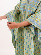 The Kaftan Company Kaftan Mint Green Ethnic Buta Printed Cotton Loungewear Kaftan with Border Detail