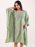 The Kaftan Company Kaftan Mint Green Ethnic Buta Printed Cotton Loungewear Kaftan with Border Detail