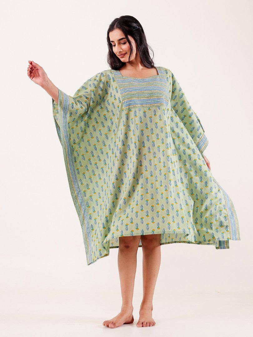 The Kaftan Company Kaftan Mint Green Ethnic Buta Printed Cotton Loungewear Kaftan with Border Detail
