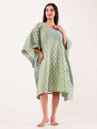 The Kaftan Company Kaftan Mint Green Ethnic Buta Printed Cotton Loungewear Kaftan with Border Detail