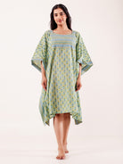 The Kaftan Company Kaftan Mint Green Ethnic Buta Printed Cotton Loungewear Kaftan with Border Detail