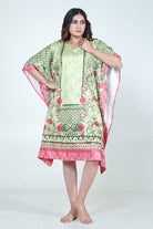 The Kaftan Company Kaftan Mint Green Floral Printed Satin Kaftan with Pockets