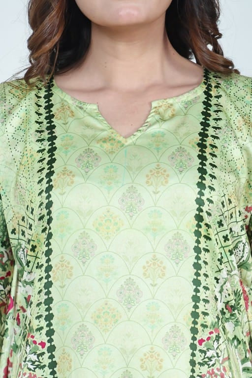 The Kaftan Company Kaftan Mint Green Floral Printed Satin Kaftan with Pockets