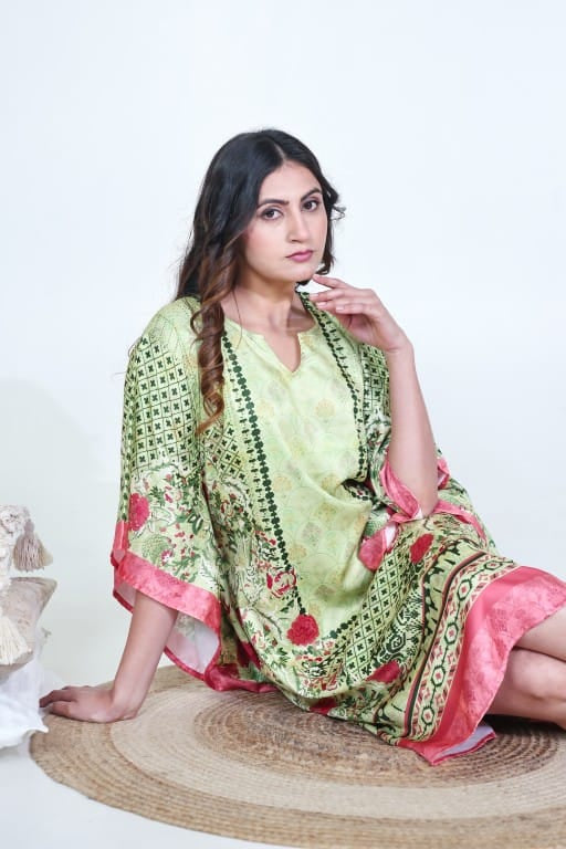 The Kaftan Company Kaftan Mint Green Floral Printed Satin Kaftan with Pockets