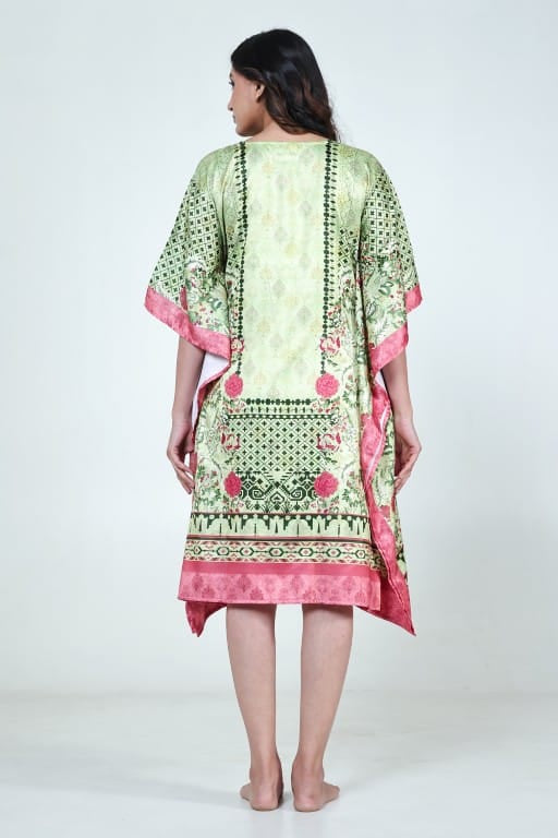 The Kaftan Company Kaftan Mint Green Floral Printed Satin Kaftan with Pockets