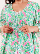The Kaftan Company Kaftan Mint Green & Pink Floral Printed Cotton Kaftan