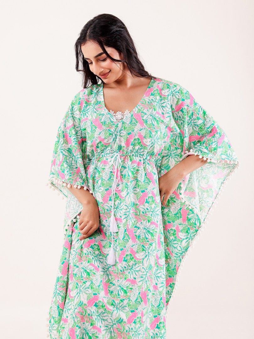 The Kaftan Company Kaftan Mint Green & Pink Floral Printed Cotton Kaftan