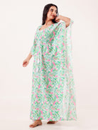 The Kaftan Company Kaftan Mint Green & Pink Floral Printed Cotton Kaftan