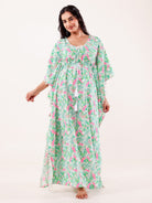 The Kaftan Company Kaftan Mint Green & Pink Floral Printed Cotton Kaftan