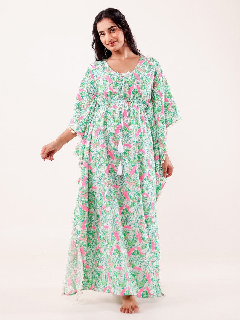The Kaftan Company Kaftan Mint Green & Pink Floral Printed Cotton Kaftan