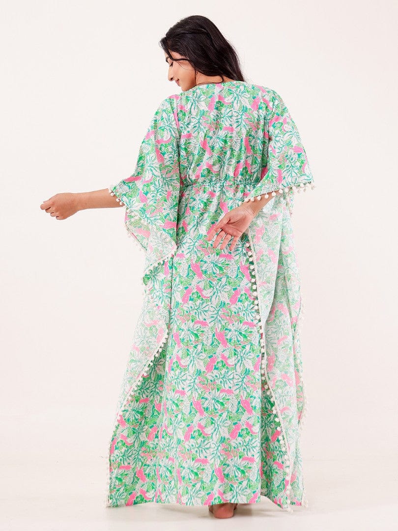 The Kaftan Company Kaftan Mint Green & Pink Floral Printed Cotton Kaftan