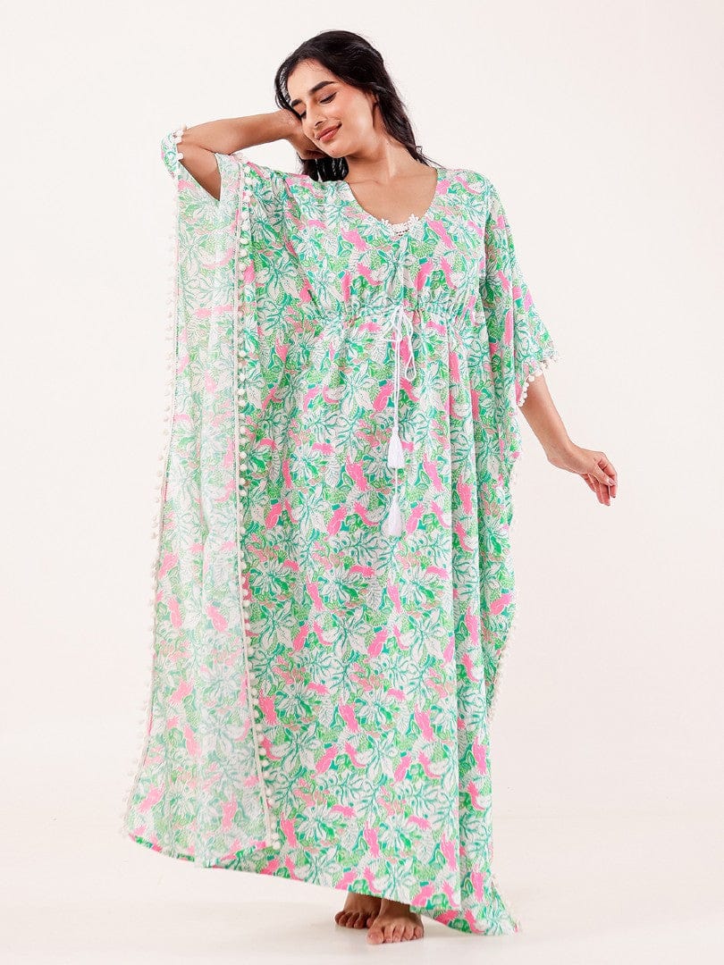 The Kaftan Company Kaftan Mint Green & Pink Floral Printed Cotton Kaftan