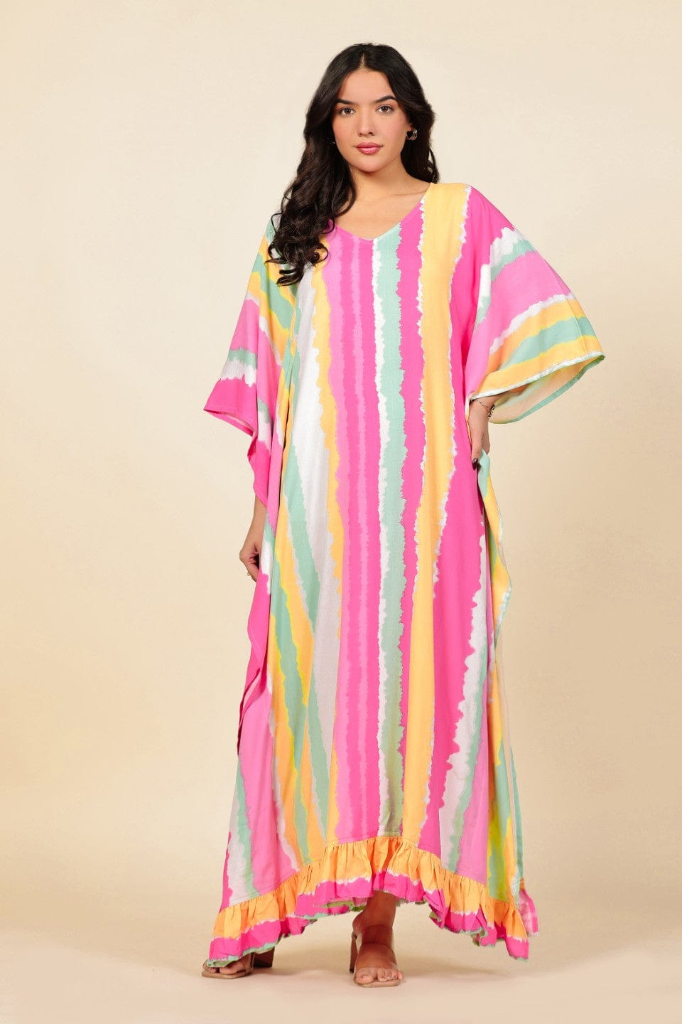 The Kaftan Company Kaftan Multi-Color Vertical Striped Kaftan Nightdress with Ruffled Hem