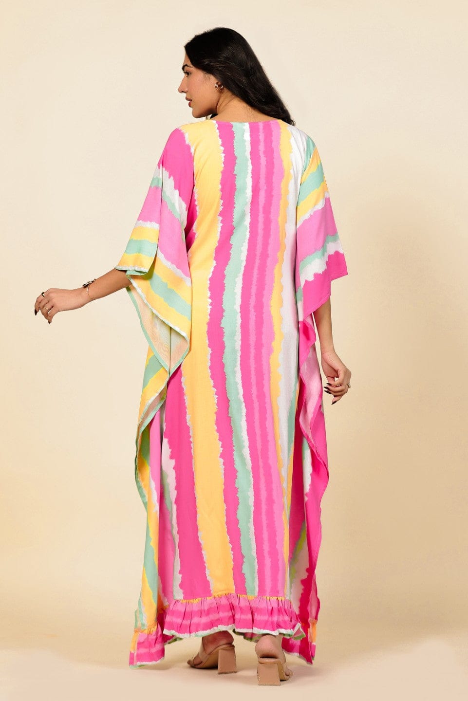 The Kaftan Company Kaftan Multi-Color Vertical Striped Kaftan Nightdress with Ruffled Hem