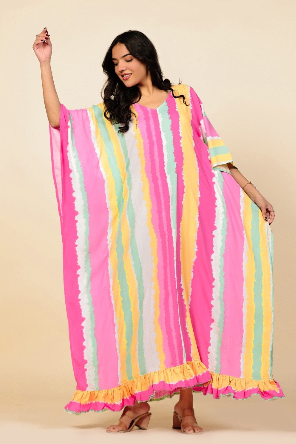 The Kaftan Company Kaftan Multi-Color Vertical Striped Kaftan Nightdress with Ruffled Hem