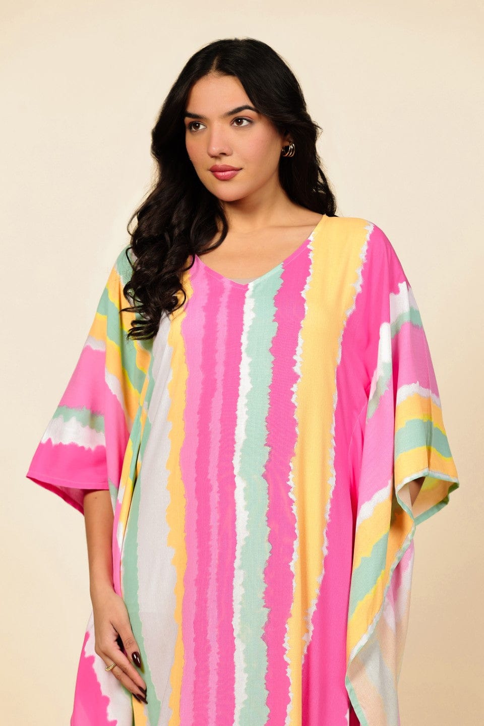 The Kaftan Company Kaftan Multi-Color Vertical Striped Kaftan Nightdress with Ruffled Hem