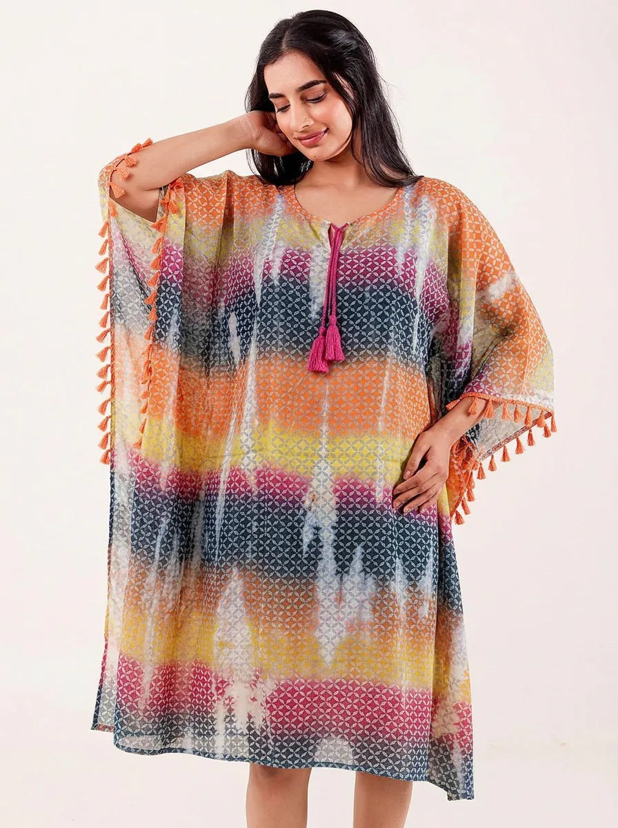 The Kaftan Company Kaftan Multi Tie-Dye Cotton Kaftan with Tassel Trim