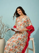The Kaftan Company Kaftan Multicolour Floral Print Kaftan with Red Ruffle Trim
