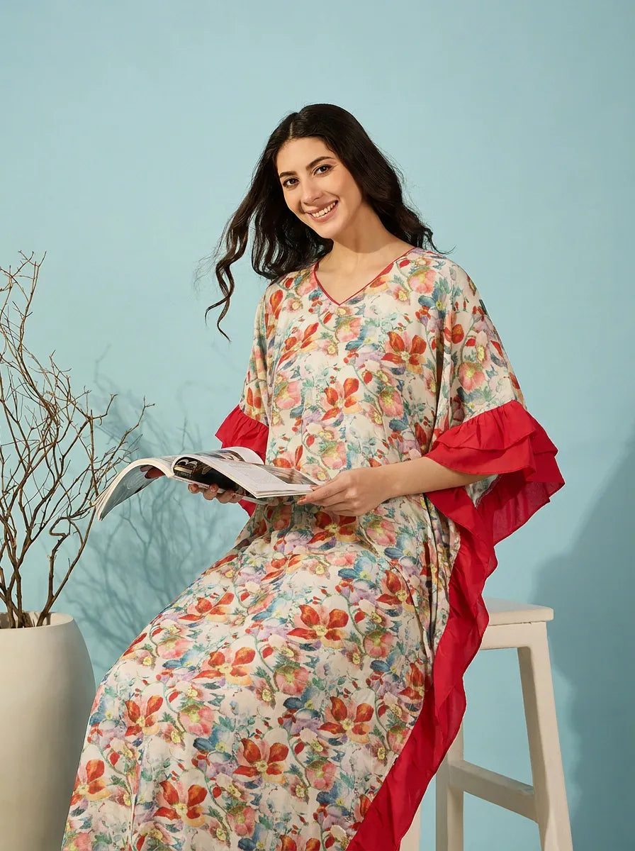 The Kaftan Company Kaftan Multicolour Floral Print Kaftan with Red Ruffle Trim