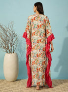 The Kaftan Company Kaftan Multicolour Floral Print Kaftan with Red Ruffle Trim
