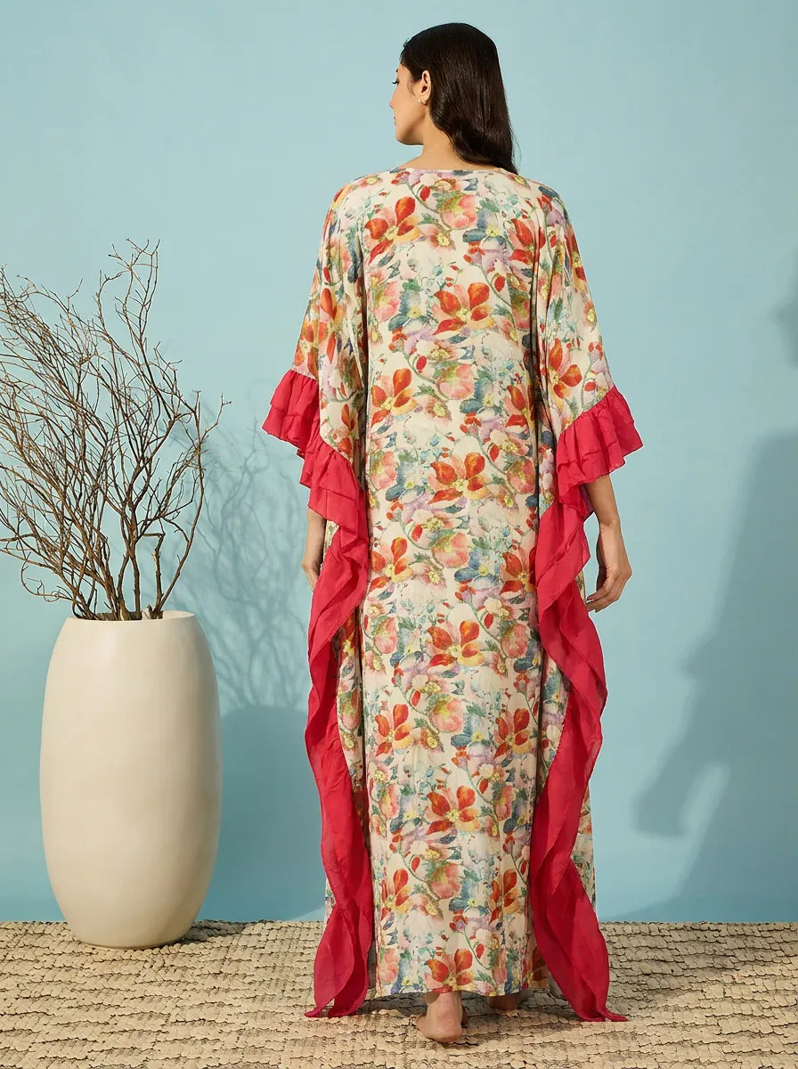 The Kaftan Company Kaftan Multicolour Floral Print Kaftan with Red Ruffle Trim