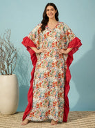 The Kaftan Company Kaftan Multicolour Floral Print Kaftan with Red Ruffle Trim