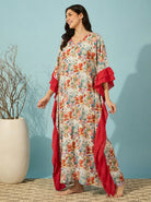 The Kaftan Company Kaftan Multicolour Floral Print Kaftan with Red Ruffle Trim