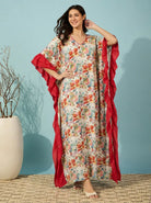 The Kaftan Company Kaftan Multicolour Floral Print Kaftan with Red Ruffle Trim