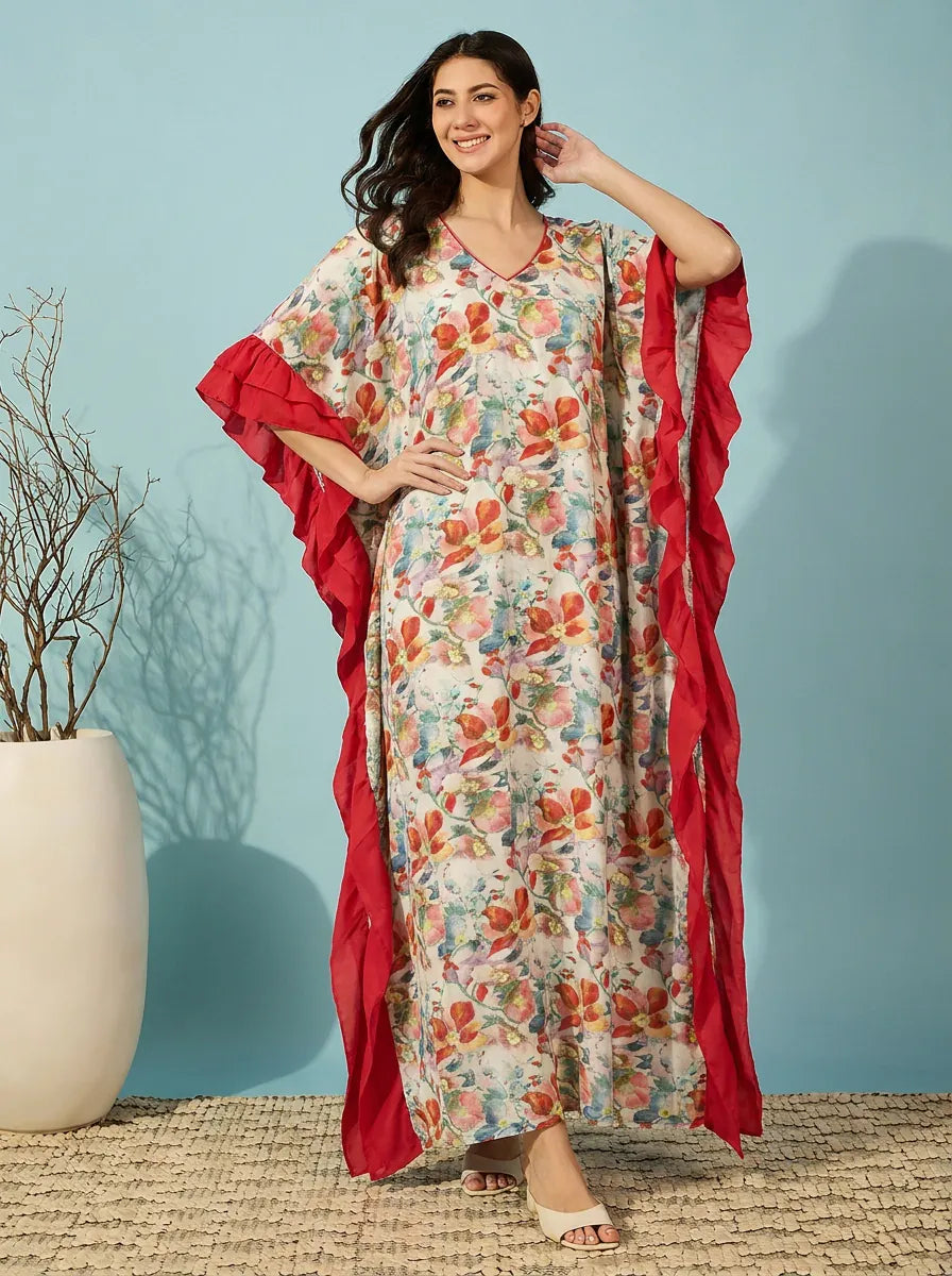 The Kaftan Company Kaftan Multicolour Floral Print Kaftan with Red Ruffle Trim
