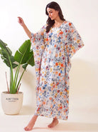 The Kaftan Company Kaftan Multicolour Floral Print Lightweight Kaftan with Lace Trim