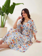 The Kaftan Company Kaftan Multicolour Floral Print Lightweight Kaftan with Lace Trim