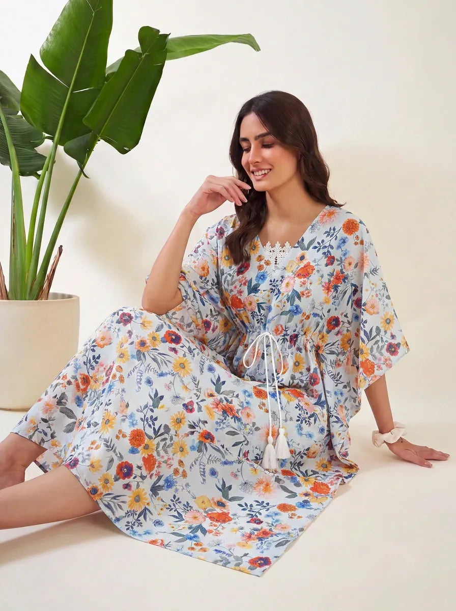 The Kaftan Company Kaftan Multicolour Floral Print Lightweight Kaftan with Lace Trim