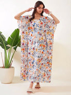 The Kaftan Company Kaftan Multicolour Floral Print Lightweight Kaftan with Lace Trim