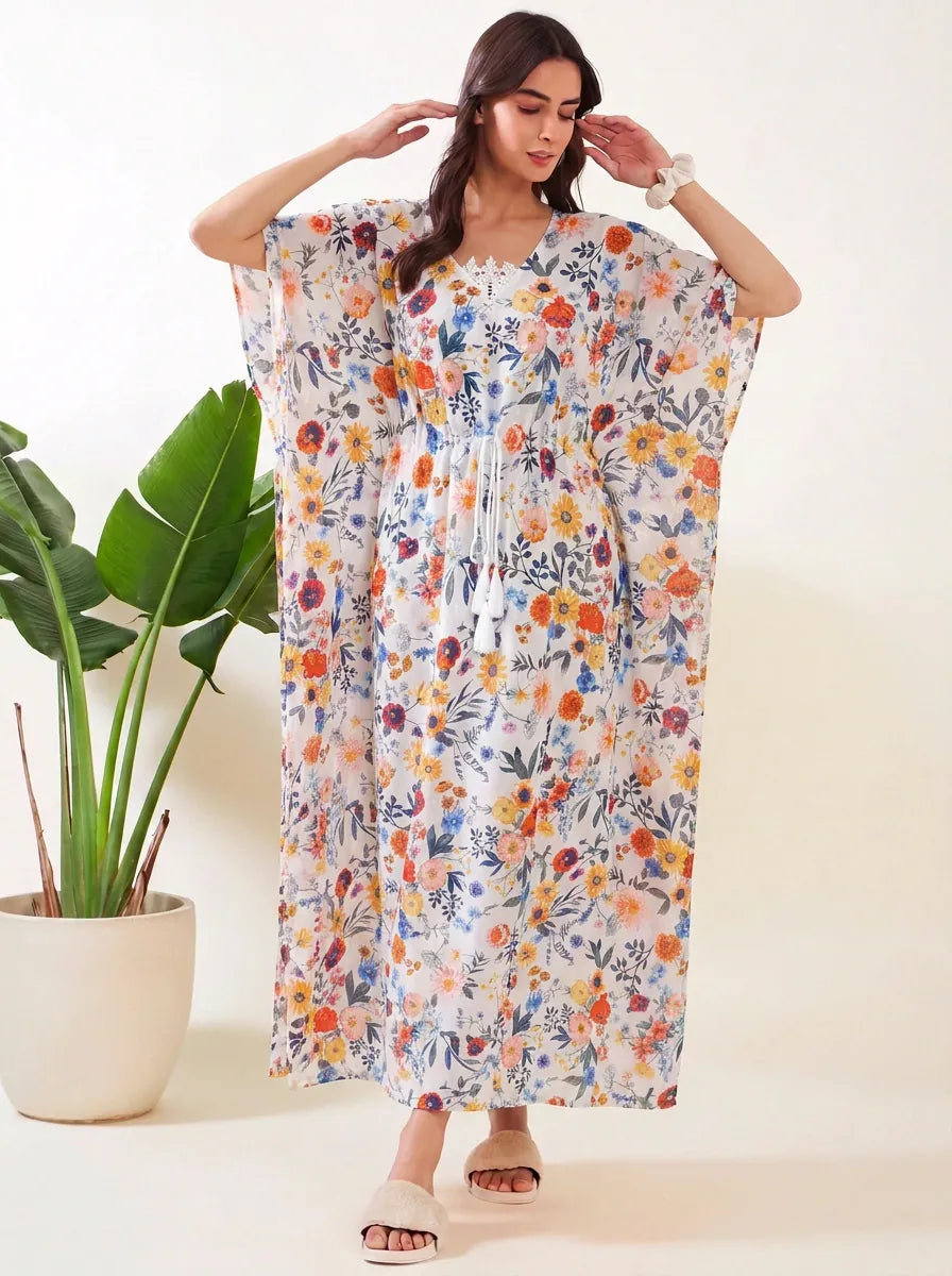 The Kaftan Company Kaftan Multicolour Floral Print Lightweight Kaftan with Lace Trim