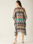 The Kaftan Company Kaftan Multicolour Ikat Print Georgette Beach Kaftan with Black Pom-Pom Trim