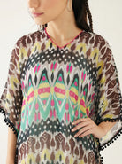The Kaftan Company Kaftan Multicolour Ikat Print Georgette Beach Kaftan with Black Pom-Pom Trim